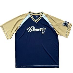 Milwaukee Brewers MLB V-Neck Jersey Shirt Navy Gold Raglan Embroidered XL